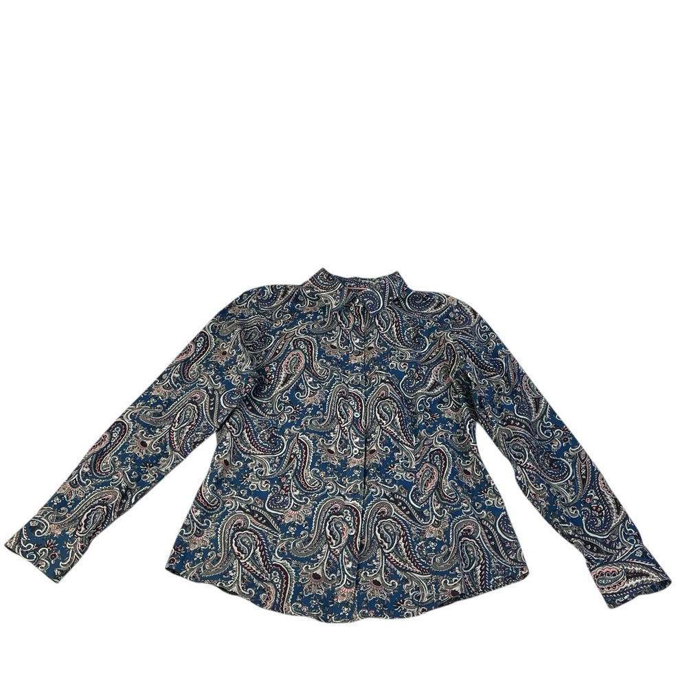 Talbots Petites 4P Blue‎ Paisley Wrinkle Resistant Button Front Blouse Stretch